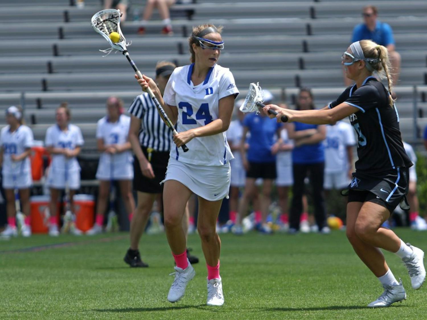 Senior Katie Trees and the Blue Devils could not complete the comeback Sunday against Johns Hopkins.
