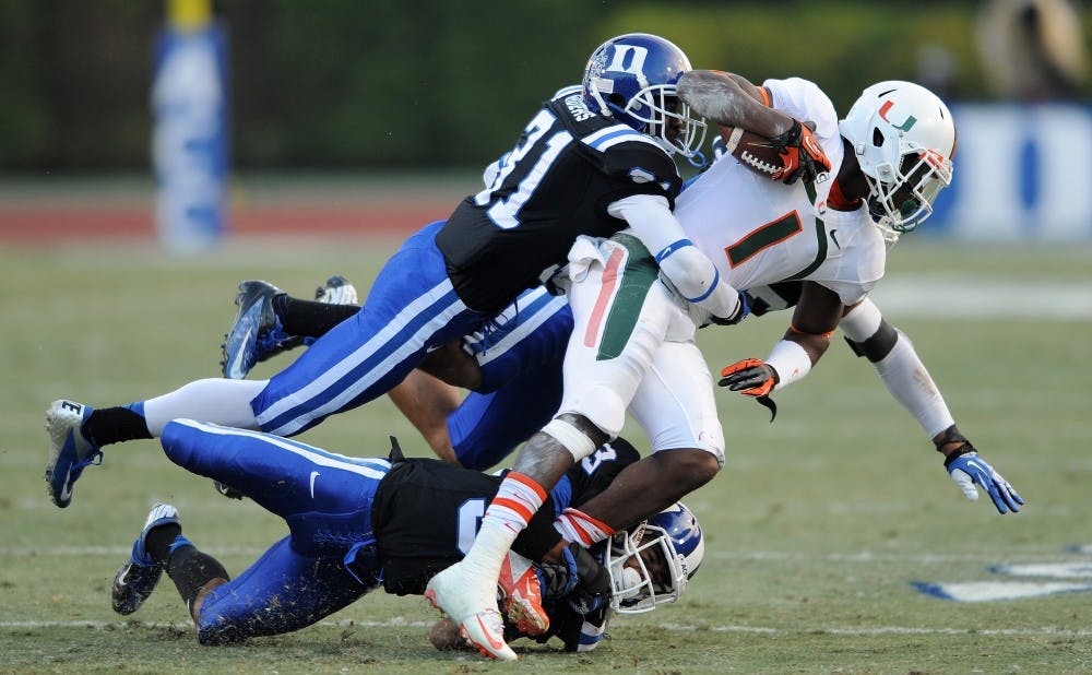 The Blue Devils earned their sixth straight win and matched the team's win total from its last winning season with a 48-30 victory against No. 24 Miami on Senior Day at Wallace Wade Stadium.