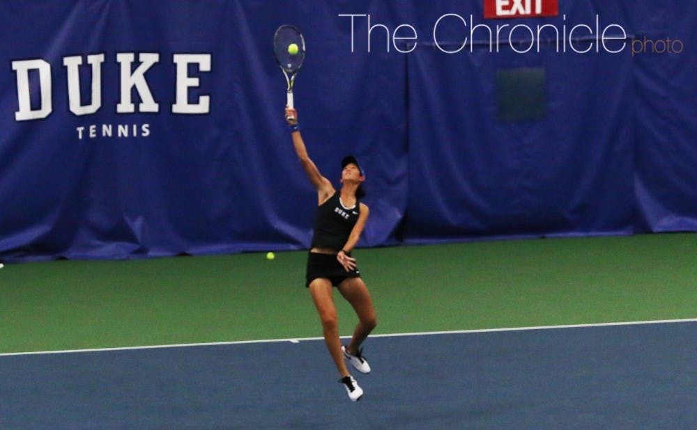 <p>Freshman Meible Chi clinched the win for Duke with a 6-2, 6-3 win on Court 1.</p>