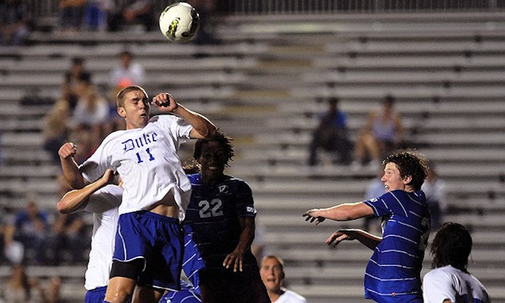 Freshman Nick Palodichuk scored the Blue Devils&amp;#039; final goal—and his second of the game—on this header in the 86th minute.