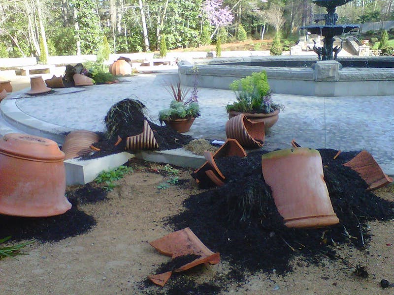 Approximately 40 terra cotta pots were smashed by vandals during a period between Friday night and Saturday morning. An investigation is ongoing.