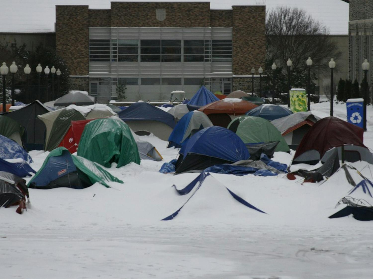 The newly pitched tents of the Cameron Crazies were buried in snow from the storm that hit Duke's campus on Saturday, January 30, 2010. 