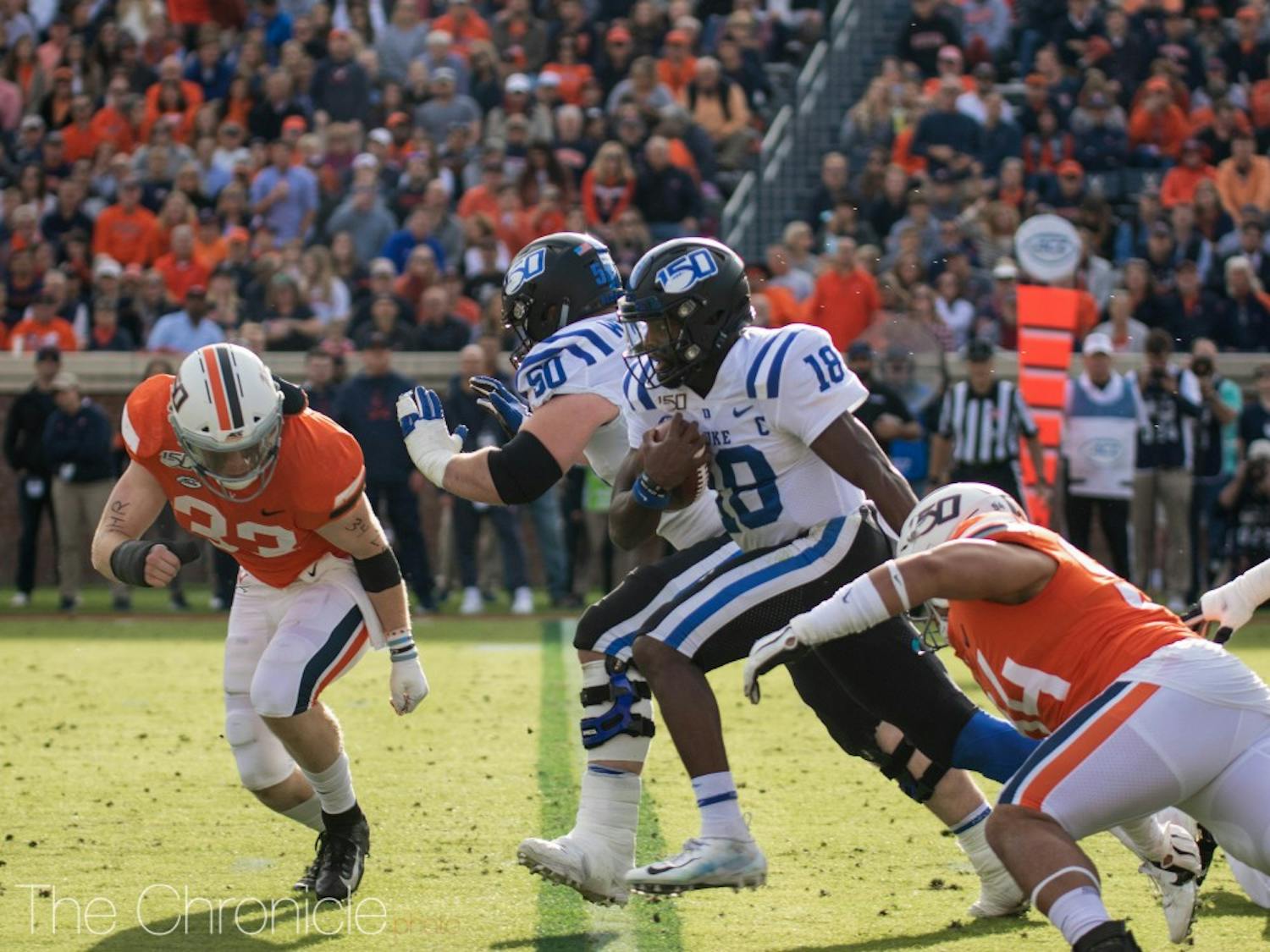 Duke played the UVA Cavaliers at Scott Stadium in Charlottesville, VA on Saturday afternoon. The Blue Devils walked away with a loss, the final score being 14-48.&nbsp;