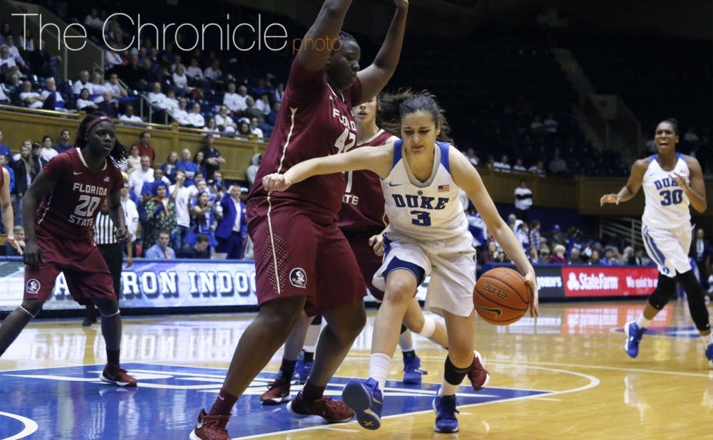 <p>Freshman point guard Angela Salvadores led the way with 13 points and seven rebounds, but neither were enough for the Blue Devils Thursday against Florida State.</p>