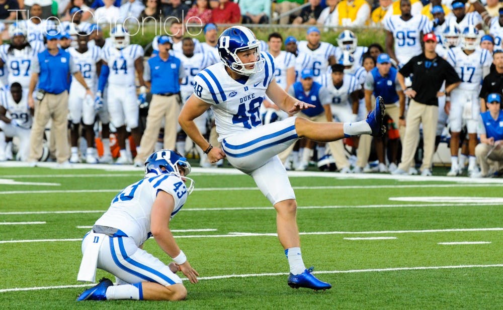 <p>Walk-on Danny Stirt replaced punter&nbsp;Austin Parker at&nbsp;field goal holder and helped kicker A.J. Reed knock in the Blue Devils' game-winning field goal Saturday.</p>
