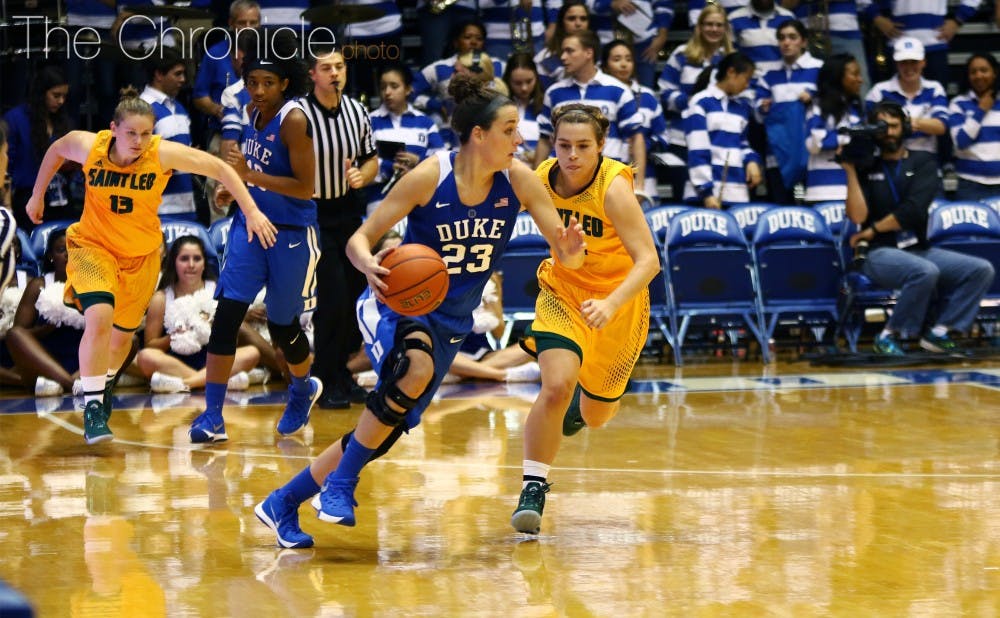<p>Redshirt sophomore Rebecca Greenwell scored 26 points&mdash;including a 4-of-6 performance from behind the arc&mdash;as the Blue Devils cruised to an exhibition win Sunday.</p>
