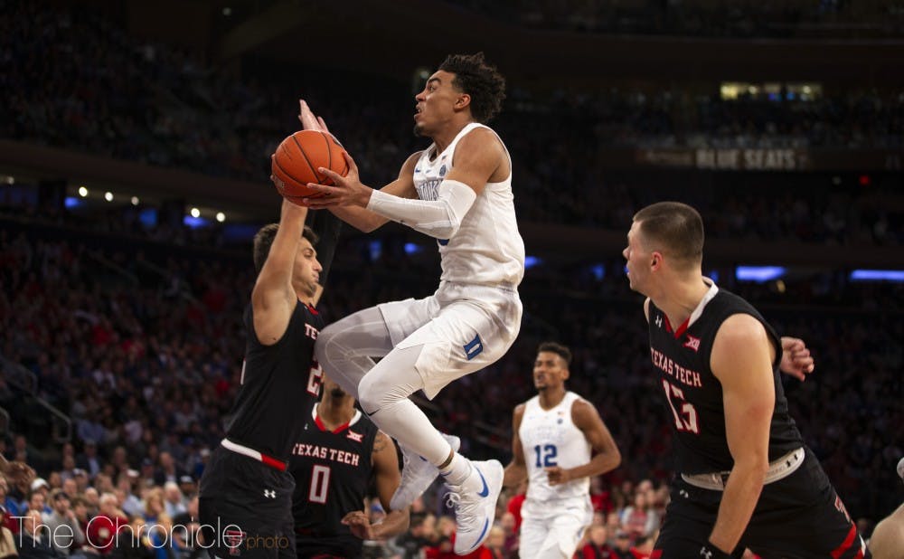 <p>Tre Jones played all but 31 seconds Thursday night, racking up a career-high six steals as his defensive effort set the stage for Duke's ever-efficient transition attack.</p>