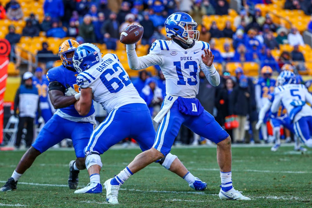 <p>Senior Graham Barton (left, 62) will lead Duke's offensive line, which finished first in the league in sacks allowed.&nbsp;</p>