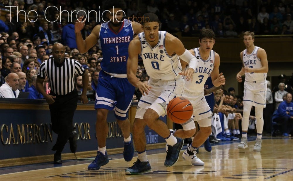 <p>Freshman Jayson Tatum led the way for Duke Wednesday with his fifth straight double-digit scoring effort to start his career.</p>