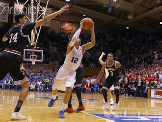 Freshman Derryck Thornton banked in an acrobatic shot to beat the shot clock to put Duke up by eight late in Monday’s win.