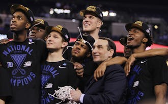 Duke celebrated its fifth national title after a dramatic 68-63 victory against Wisconsin in 2015.