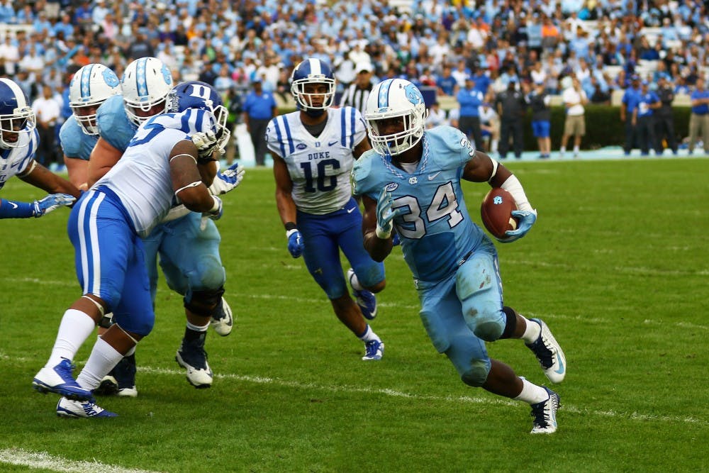 Sophomore running back Elijah Hood plowed ahead for 69 yards and three touchdowns to lead the ground game for the Tar Heels.