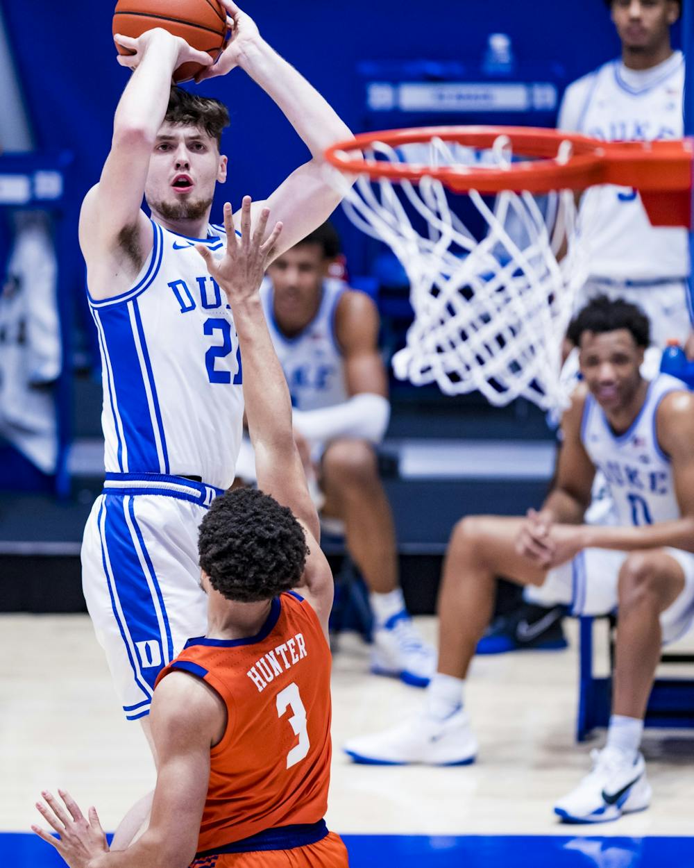 Led by Matthew Hurt's 13 points, the Blue Devils employed a balanced attack to blow out Clemson. 