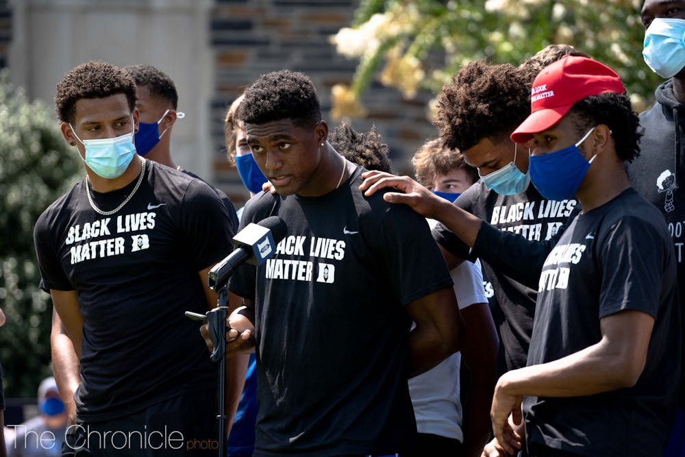 <p>First-year Henry Coleman III, a member of the men’s basketball team, spoke at a Thursday Black Lives Matter protest in Krzyzewskiville.</p>