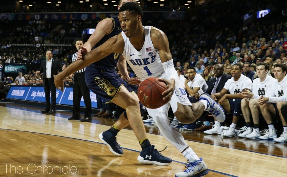 <p>Trevon Duval started and dished out 11 assists in the Blue Devils' ACC tournament quarterfinal win against Notre Dame.</p>