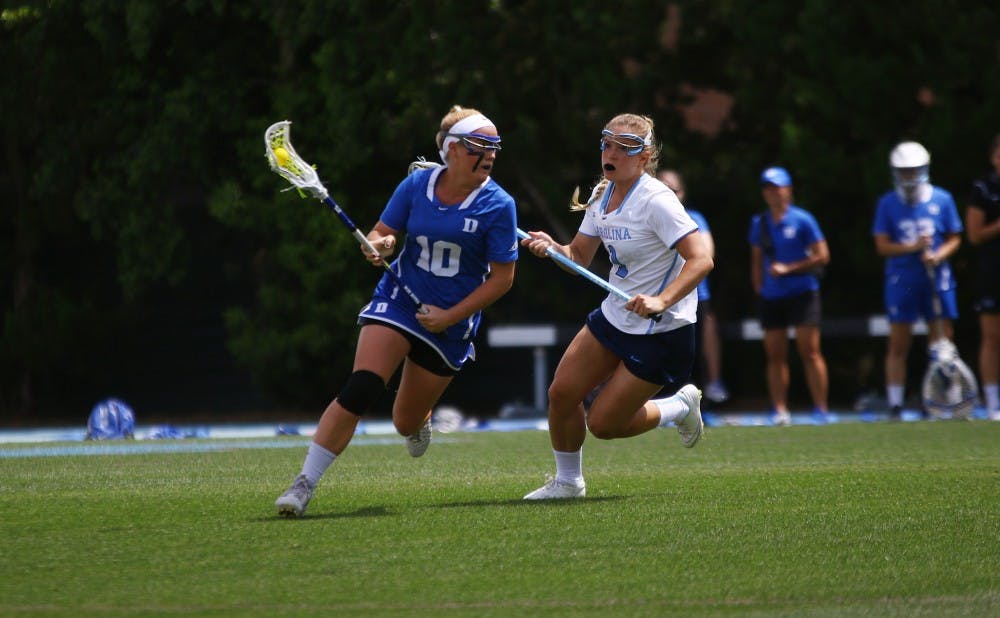 <p>Sophomore Kyra Harney netted a hat trick for the Blue Devils, but it was far from enough for Duke Saturday in Chapel Hill.</p>