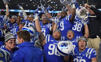 Duke celebrates after its overtime win in the New Era Pinstripe Bowl&nbsp;at Yankee Stadium&mdash;the program's first postseason victory since the 1961 Cotton Bowl.