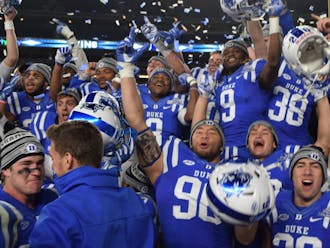 Duke celebrates after its overtime win in the New Era Pinstripe Bowl&nbsp;at Yankee Stadium&mdash;the program's first postseason victory since the 1961 Cotton Bowl.