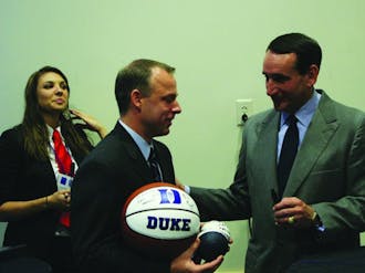 Head coach Mike Krzyzewski talks with an attendee Tuesday at this year’s Fuqua School of Business and Coach K Leadership Conference.