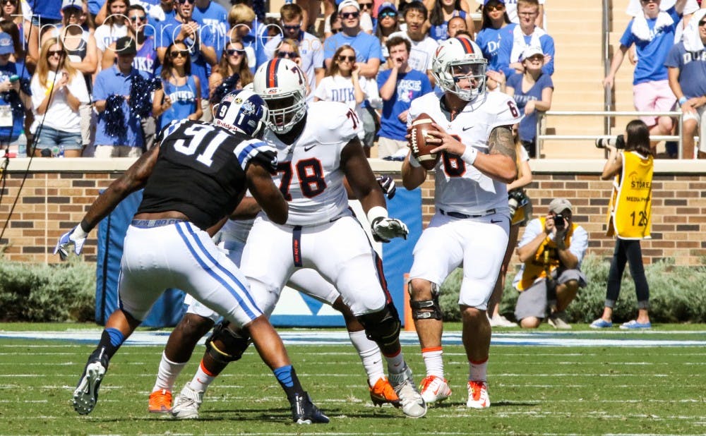 Duke could not consistently put&nbsp;pressure on Virginia quarterback Kurt Benkert, who torched the Blue Devils for 336 passing yards.