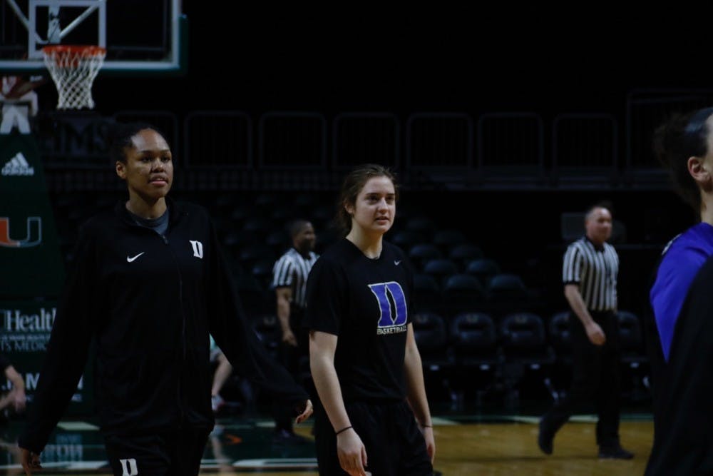 <p>Azurá Stevens (left)&nbsp;will miss her second straight game Sunday at No. 16 Miami while dealing with a torn plantar fascia in her left foot.</p>