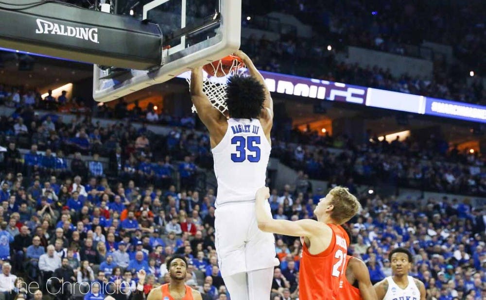 <p>Bagley averaged better than 21 points and 11 rebounds per game in his lone season in Durham.&nbsp;</p>