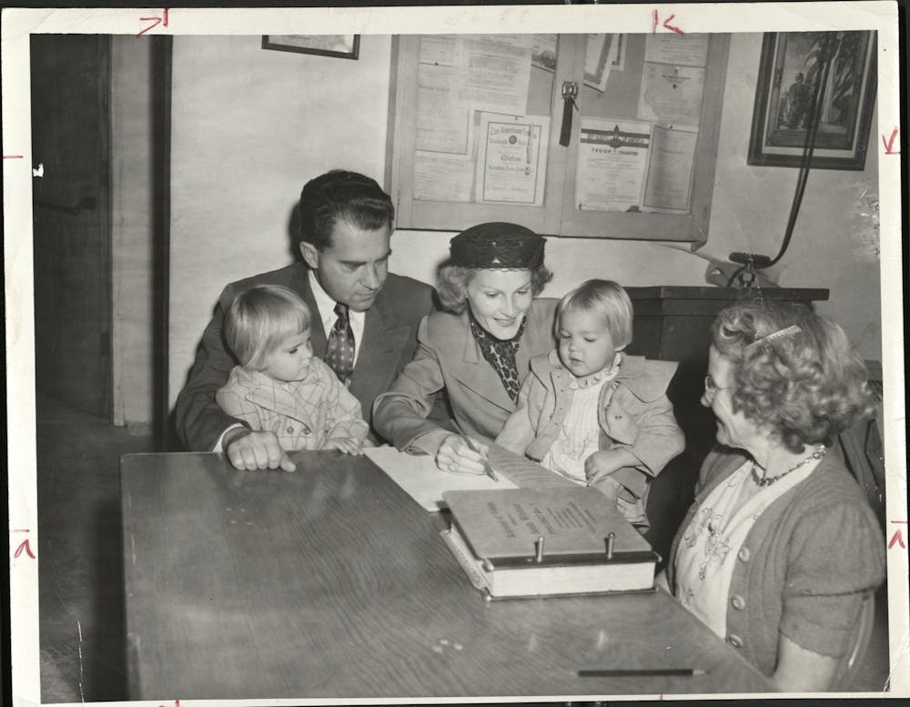 The Nixon family — Richard, his wife Pat and their daughters Tricia and Julie — at the polls in Whittier, California, on Nov. 7, 1950.