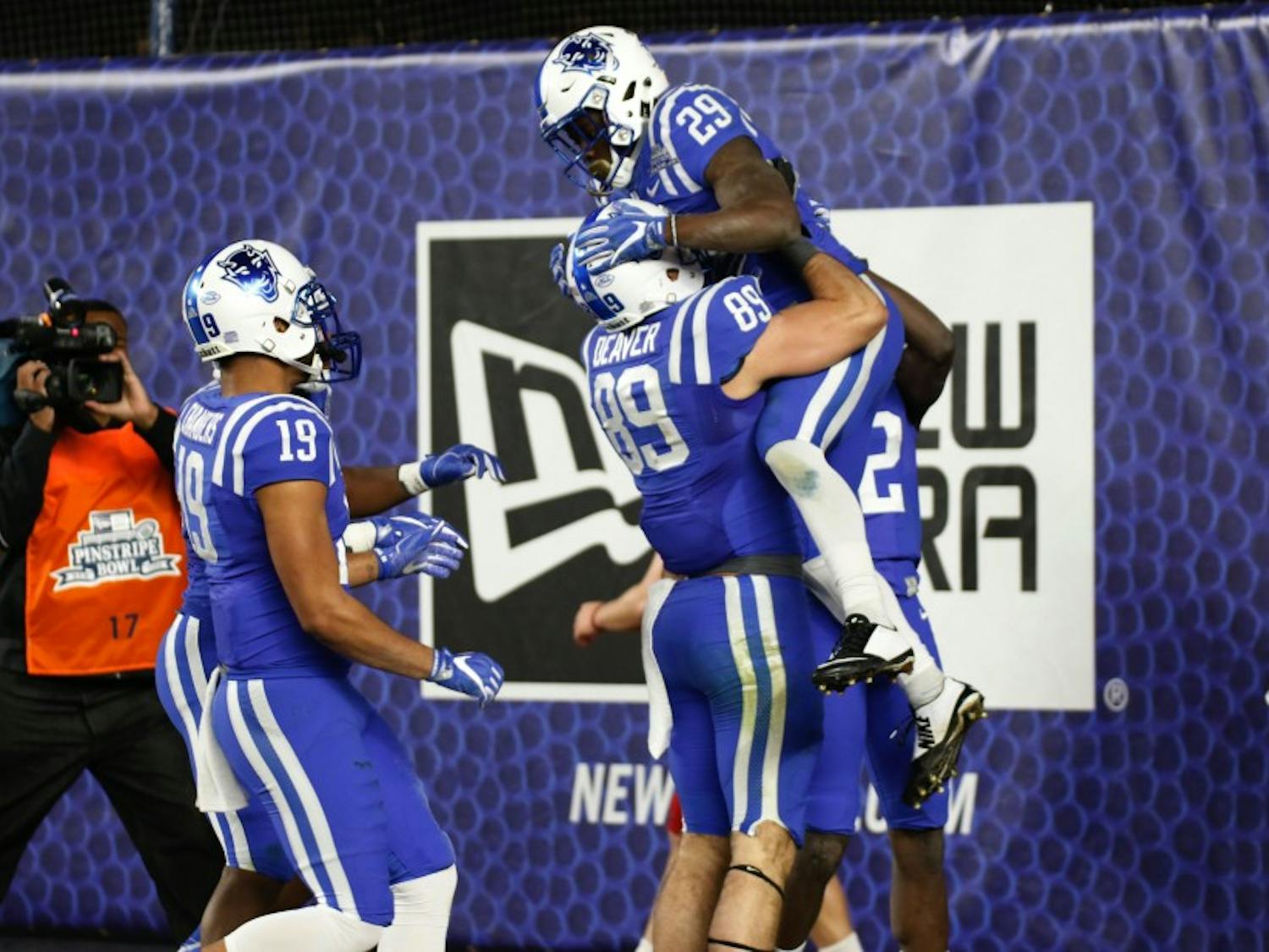 Duke's veteran players got to celebrate the end of their careers in style Saturday&mdash;a bowl win in the Big Apple, after three straight years of fourth-quarter disappointments.