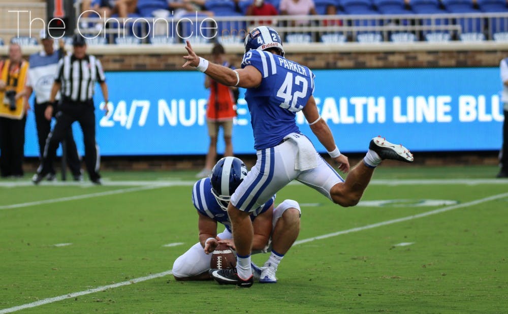<p>Austin Parker returns to the Blue Devils as the likely starter at both kicker and punter after being reinstated to the Duke program Wednesday.</p>