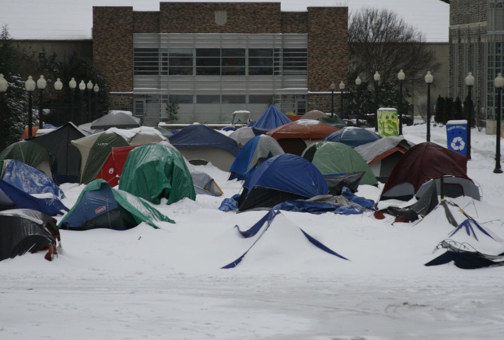 The newly pitched tents of the Cameron Crazies were buried in snow from the storm that hit Duke's campus on Saturday, January 30, 2010. 