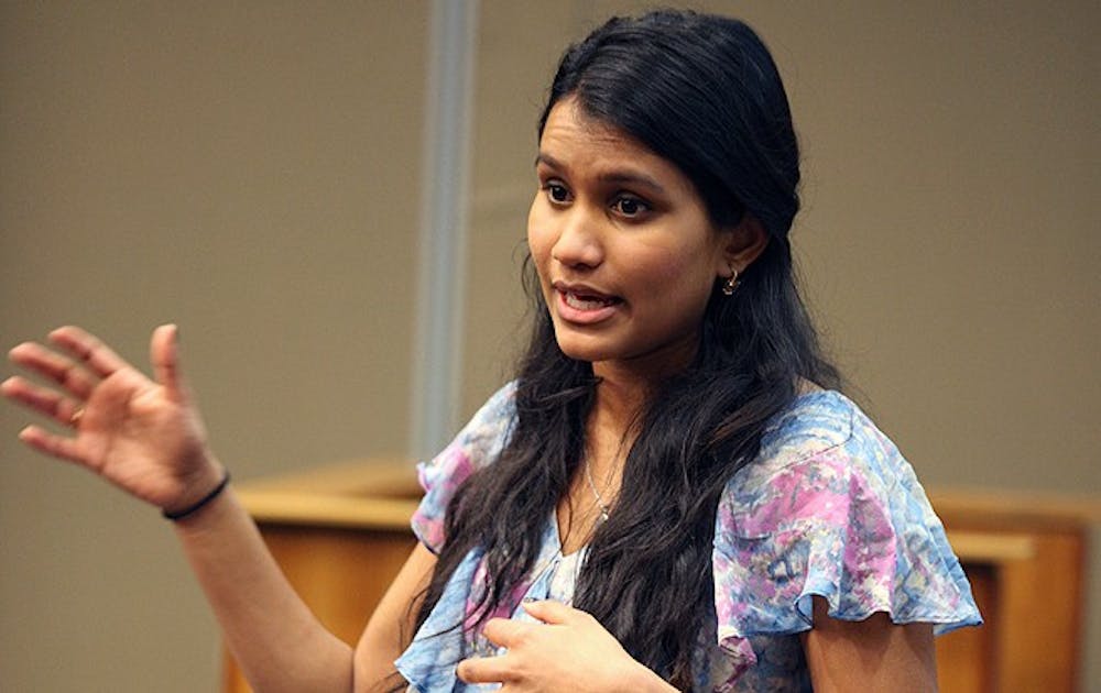 DSG senator Lavanya Sunder, a freshman, presents plans for a new campus-improvement program called Fix My Campus at the group’s first meeting of the Spring.