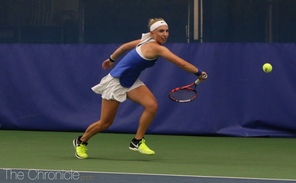 <p>Ellyse Hamlin helped earn a singles and doubles point for the Blue Devils in their victory in the Bahamas.</p>