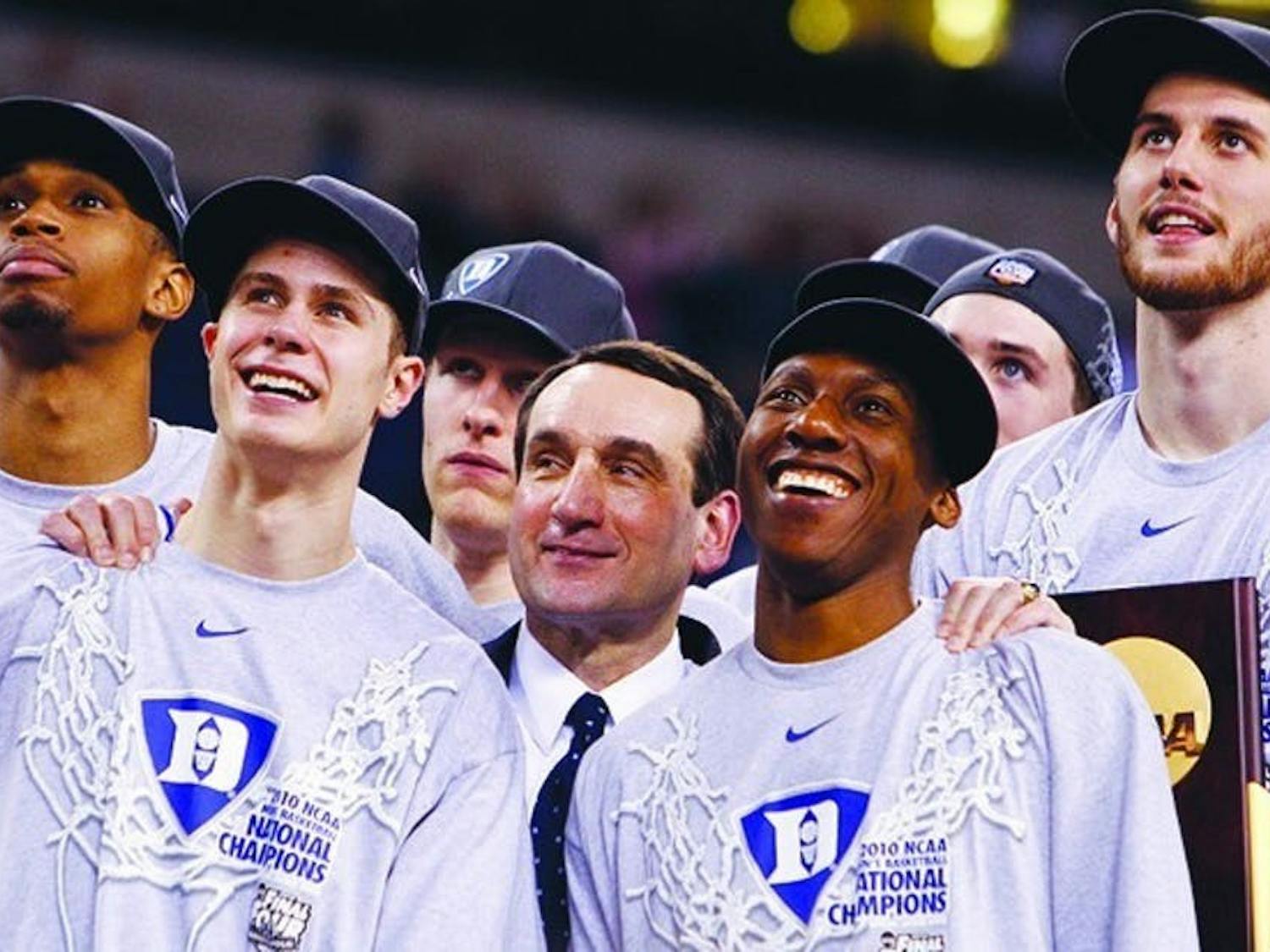 Lance Thomas (far left) and teammates right after the Blue Devils' 2010 national championship victory.