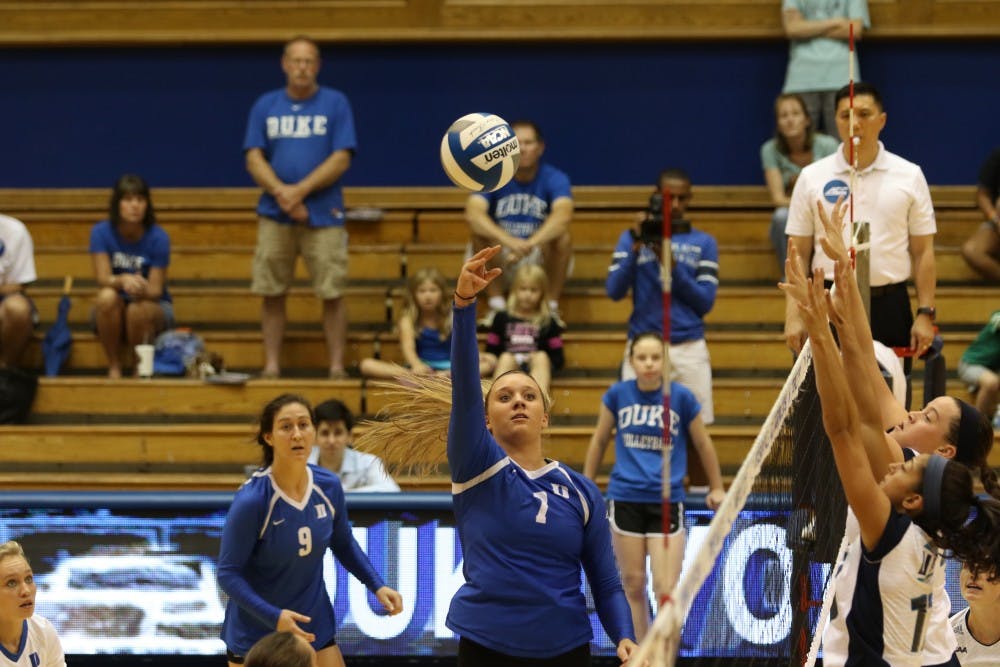 <p>Freshman Leah Meyer put down a career-high 17 kills and added six blocks to power the Blue Devils to a straight-set victory against UNC Wilmington Saturday.</p>