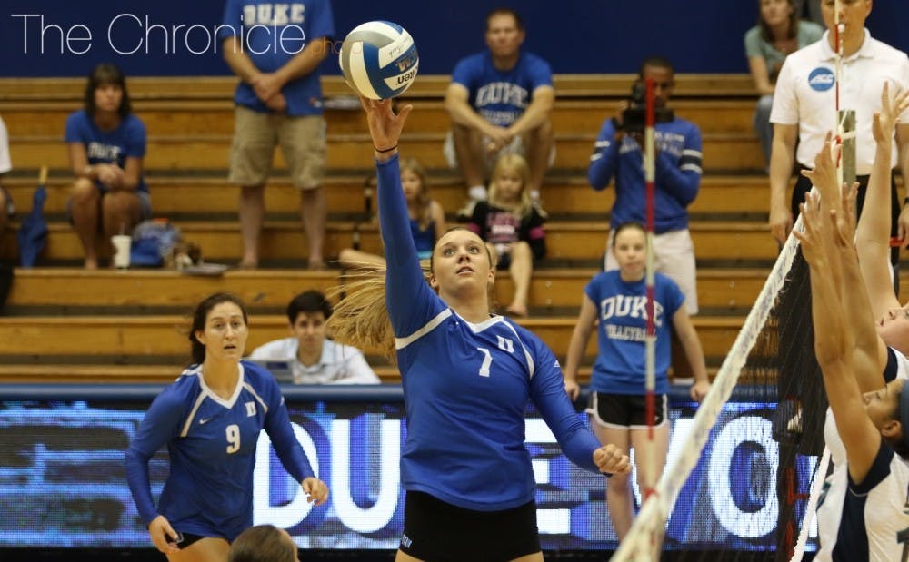 <p>Leah Meyer and Emily Sklar both finished in double-digit kills, but the Blue Devils saw their four-match winning streak snapped Friday night at Georgia Tech.</p>