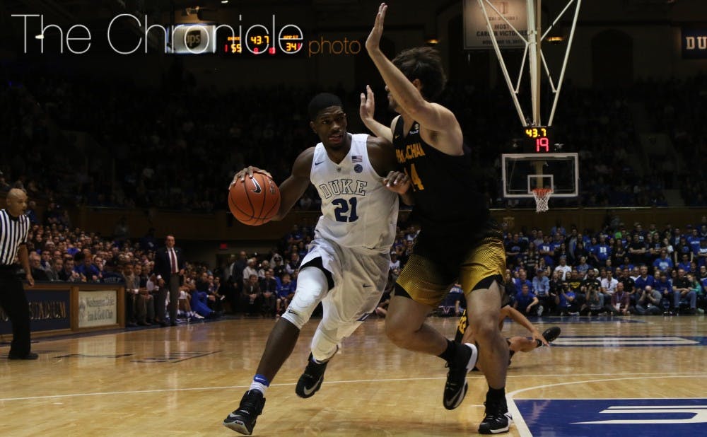 <p>Amile Jefferson broke his foot about a year ago but has returned to anchor Duke's frontcourt early this season.&nbsp;</p>