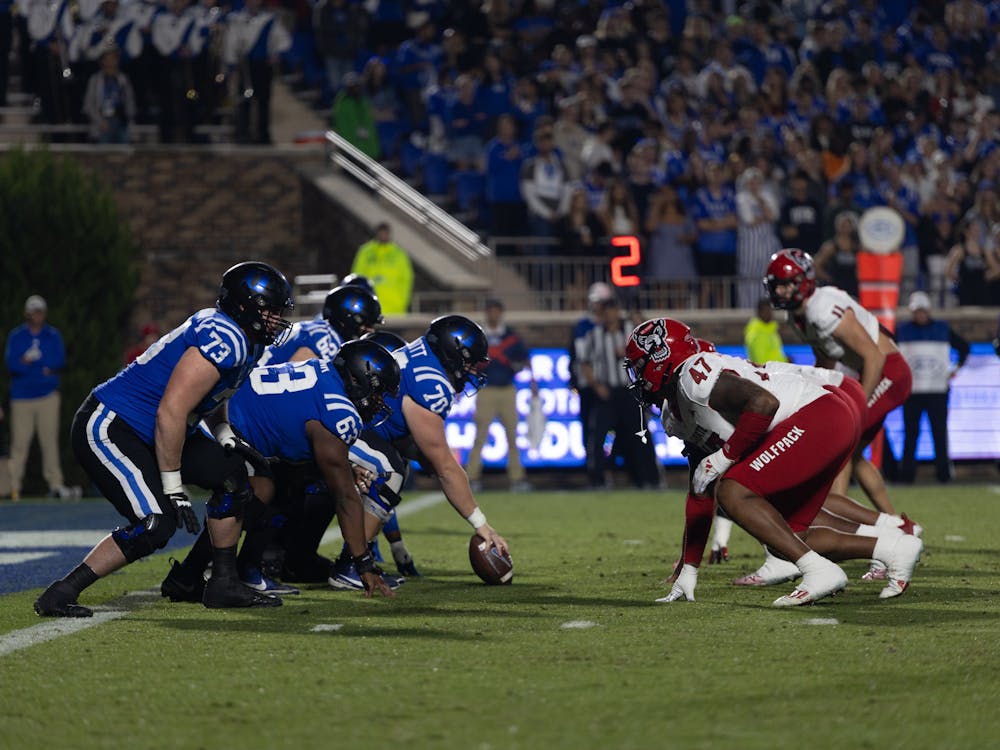 Duke's offensive line awaits the snap against N.C. State.