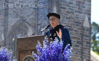 David Rubenstein, former chair of the Board of Trustees, speaking at Commencement in 2017.