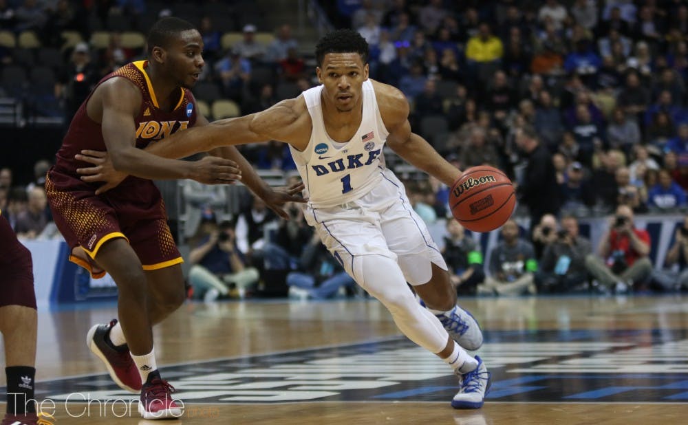 <p>Trevon Duval had one of his best showings of the season, coming close to a double-double and making four 3-pointers.</p>