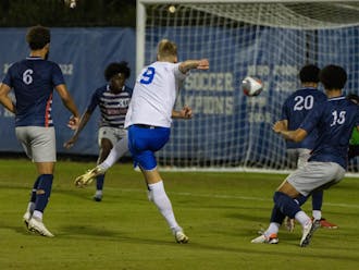 Ulfur Bjornsson's right-footed shot sails into the net during Duke's win against Howard.