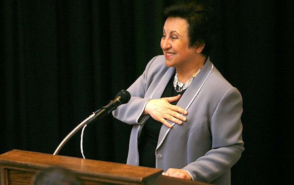 Shirin Ebadi, recipient of the 2003 Nobel Peace Prize, addresses an audience at the Sanford School of Public Policy Monday.