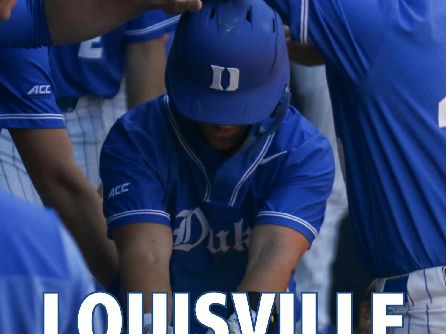 Duke baseball sophomore Alex Mooney celebrates with his team after sweeping a series with Louisville over the weekend.