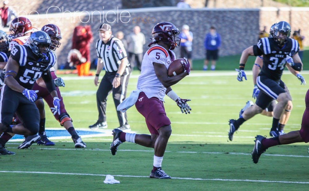 The Blue Devils struggled to corral Virginia Tech quarterback&nbsp;Jerod Evans Saturday, allowing him to total 275 yards and run for a touchdown.