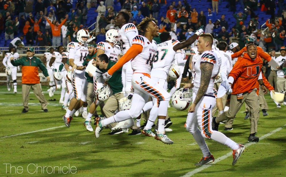 Miami beat Duke with eight laterals on a kick return for a touchdown as time expired in 2015 on a play with several missed calls by the officials.