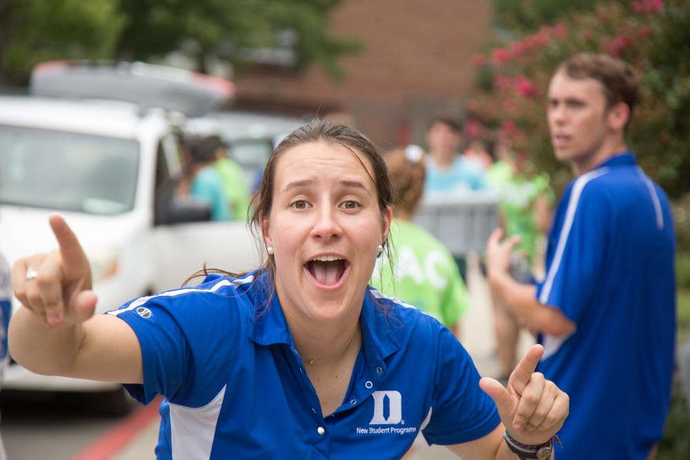 "WELCOME TO DUKE." Katie Cassedy, a Head FAC, brings the energy to Randolph move-in.&nbsp;