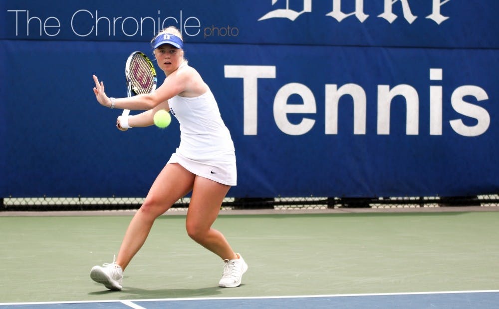 <p>Sophomore Kaitlyn McCarthy was the only Blue Devil to win a singles match against the second-ranked Tar Heels Wednesday afternoon.</p>