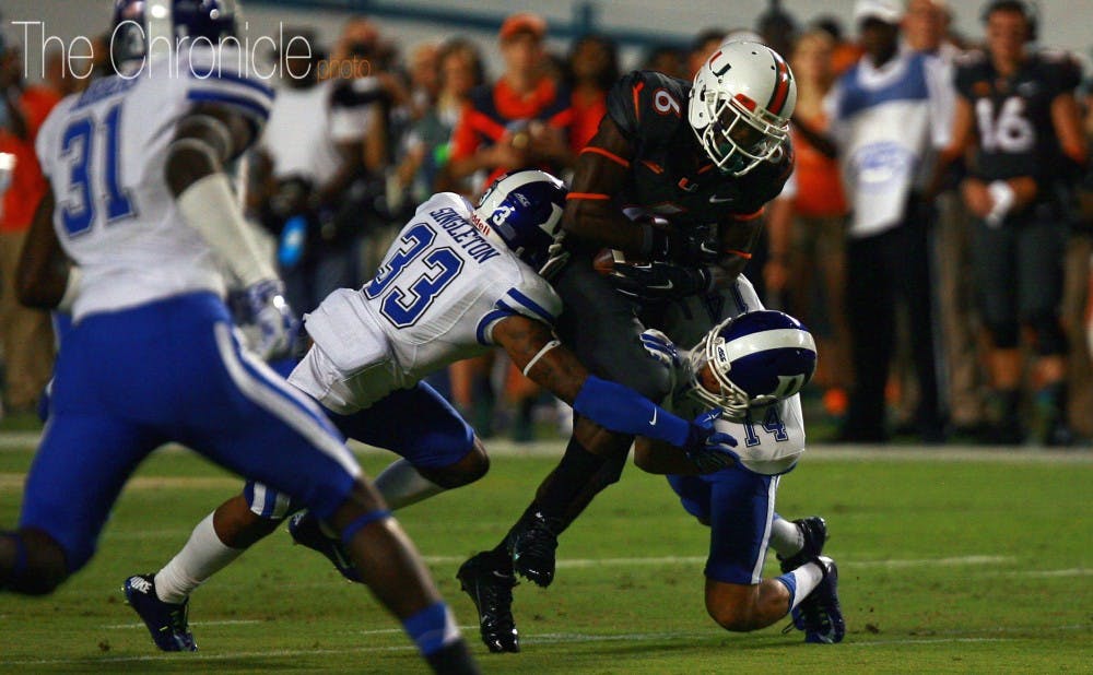 <p>Miami wide receiver Herb Waters has scored a touchdown against the Blue Devils in both of the last two seasons, and will hope for another strong game Saturday.</p>