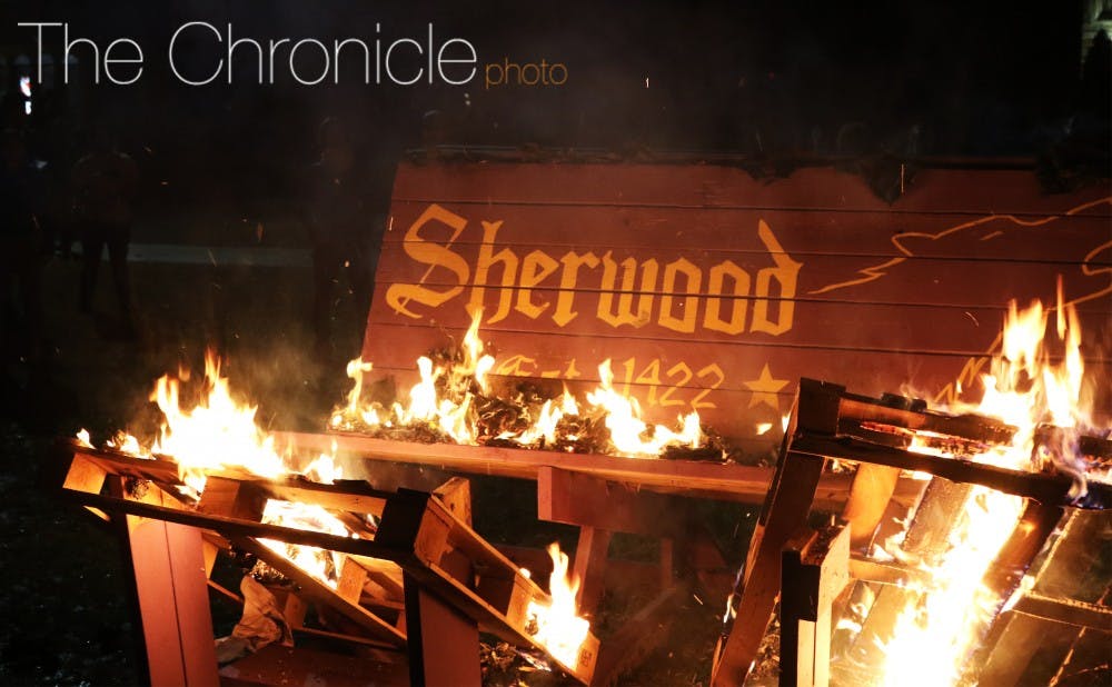 About 100 students gathered after the game to celebrate Duke’s win by burning benches on the Main Quadrangle.