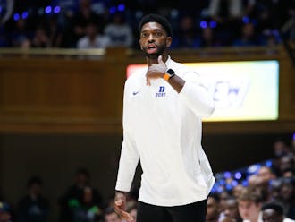 Former Duke assistant coach Amile Jefferson yells instructions from the sideline during Countdown to Craziness in October 2022.