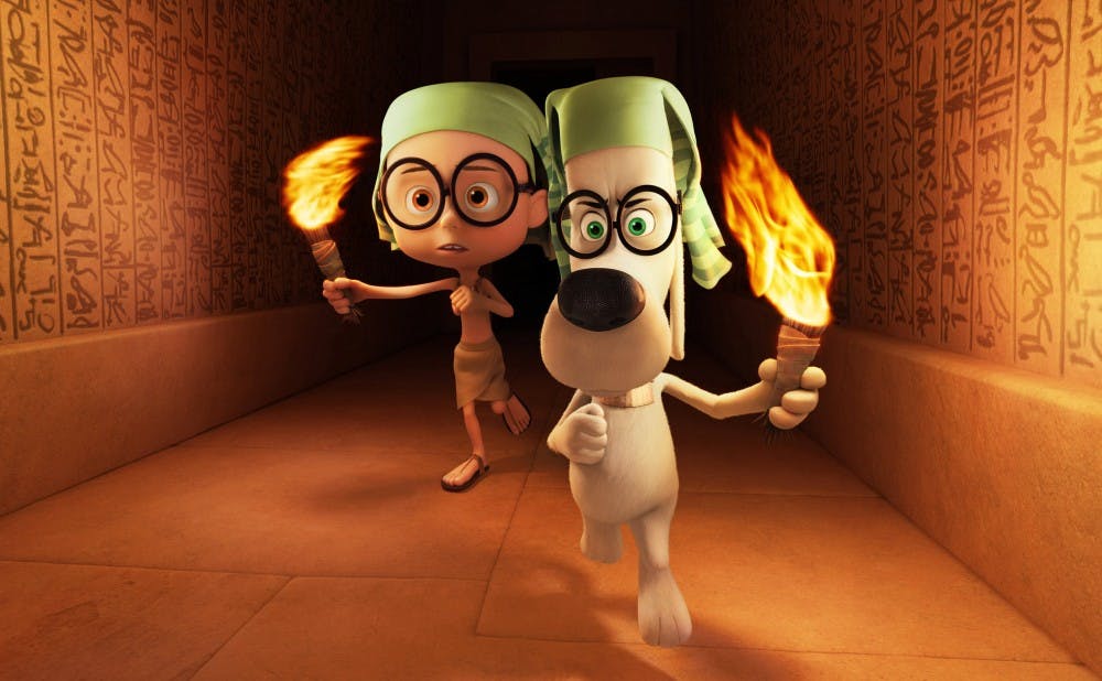 MPS_ sq1450_ s68.5_ f151_4k_PS_W3_0 Mr. Peabody (Ty Burell) and Sherman (Max Charles) race through an ancient structure as they try to repair history.Photo: DreamWorks Animation© 2013 DreamWorks Animation LLC. All Rights Reserved. MR. PEABODY & SHERMAN TM AND © Ward Productions.